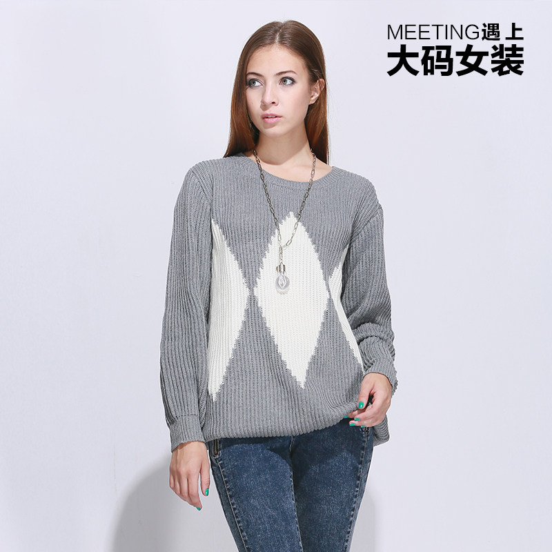 遇上2014新款大码针织衫女套头 宽松欧美撞色胖mm女式大码毛衣