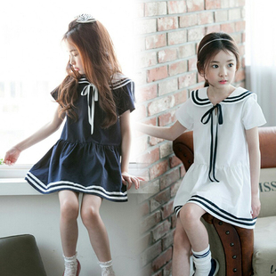 韩版童装女童夏季日系纯棉，水手服连衣裙儿童，清纯海军条纹学生裙