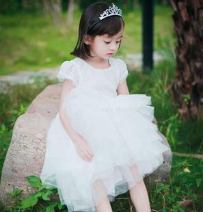 六一女童白色生日表演蕾丝蓬蓬纱裙，礼服背后镂空花童公主连衣裙子