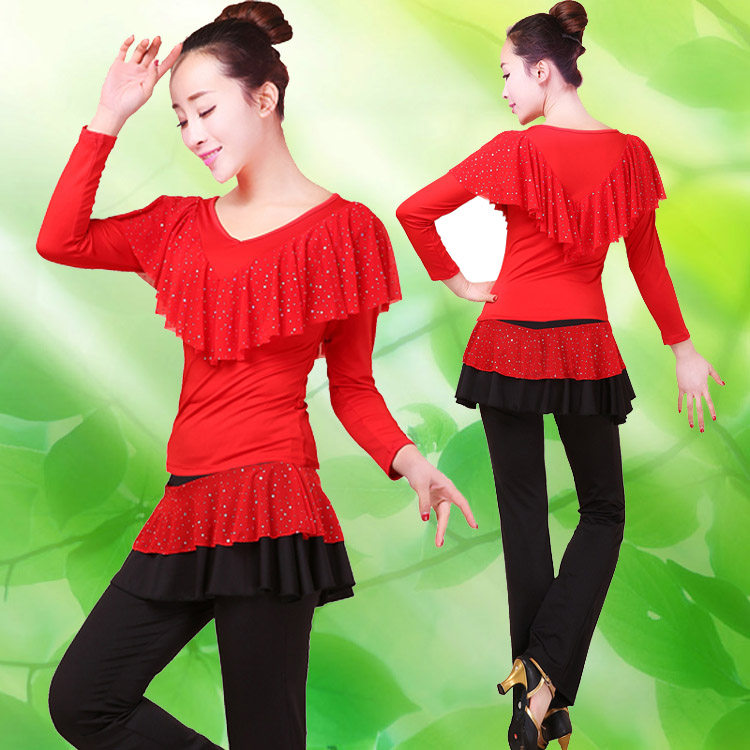 闪耀春秋女亮片纱领拉丁舞蹈练功服 云裳恋衣广场舞长袖演出套装