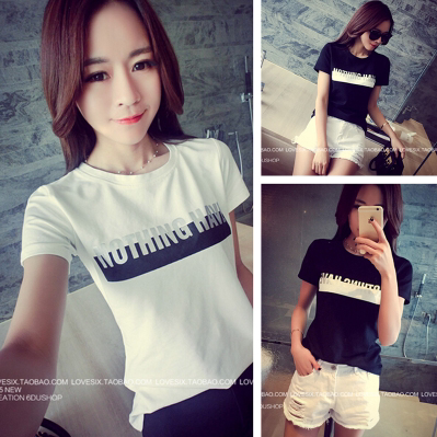 标题优化:夏季新款女士T恤2015韩版女装时尚潮流百搭修身纯色字母休闲上衣