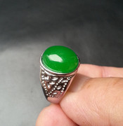 天然玉石新疆和田玉石英岩，玉碧绿色菠菜绿玉戒指，指环男女同款指环