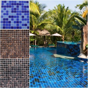 金线玻璃马赛克背景墙贴咖啡色，游泳池浅海蓝，卫生间瓷砖地中海