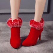 冬季绒面女靴红色婚鞋保暖大码40414243高跟，短靴细跟尖头44-45