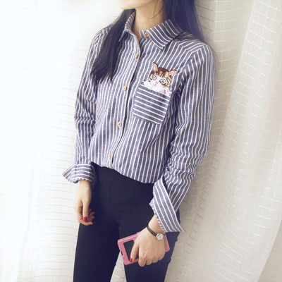 标题优化:韩版2015春季新款女式装条纹刺绣猫咪长袖衬衫衬衣