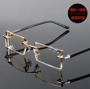 韩国男纯钛无框钻石切边近视，眼镜架镜框镶钻渐变色，防辐射镜片m4