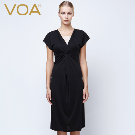VOA 纯黑修身显瘦低V领弹力真丝针织连衣裙 桑蚕丝铅笔裙A5135商品大图
