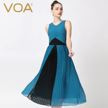 VOA 真丝蓝黑撞色心形领挖肩无袖露背风琴褶高腰百褶裹衣连身裙商品大图