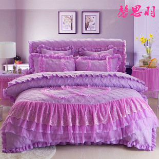 韩版公主蕾丝夹棉床裙四件套，1.8米2m双人纯色加厚床罩四五多件套