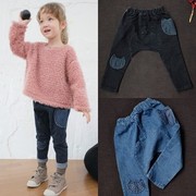韩国童装女童冬装2014 猫咪修身儿童加大裆加绒牛仔裤哈伦裤