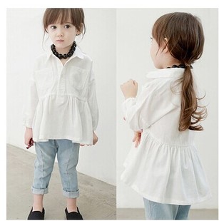 1-2岁春季女童裙摆式白衬衫翻领韩版中长上衣儿童娃娃领打底衫