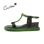时尚淑女鞋夏 G.O Chic厚底坡跟绿色麻绳蛇皮坡跟平底凉鞋