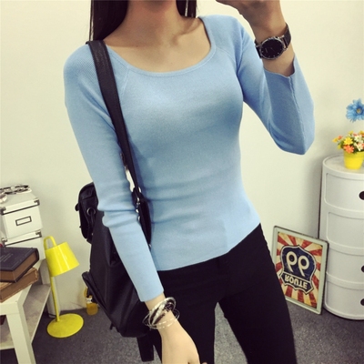 秋紧身打底衫女百搭短款圆领冰丝针织衫长袖t