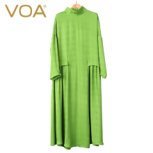 VOA 草绿高领长袖宽松腰褶后背扣子A形提花真丝春秋长连衣裙A6375图片