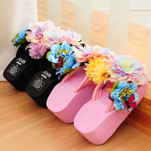 夏季女韩版大花朵拖鞋，厚底蝴蝶人字拖坡跟高跟松糕，跟潮拖沙滩凉拖