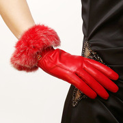 elma真皮手套女士，冬季保暖红色，兔毛口绒里羊皮手套el002pc