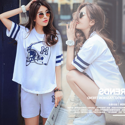 标题优化:2015韩版夏季新款运动套装五分袖短裤圆领宽松大码印花休闲套装女
