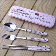 hello kitty便携旅行套装餐具陶瓷手柄勺子 卡通不锈钢餐具筷子