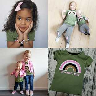 外贸原单Z8夏季短袖T恤 女童军绿色彩虹字母时尚背心 出口荷兰