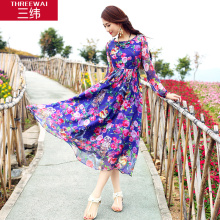 三纬2019夏装新款波西米亚真丝沙滩连衣裙欧美风格印花桑蚕丝长裙图片