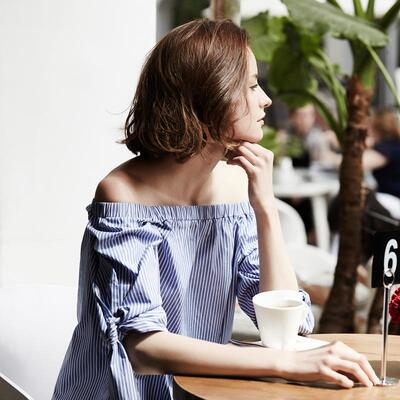 MB 欧洲站大牌春夏必入超美露肩一字肩喇叭袖