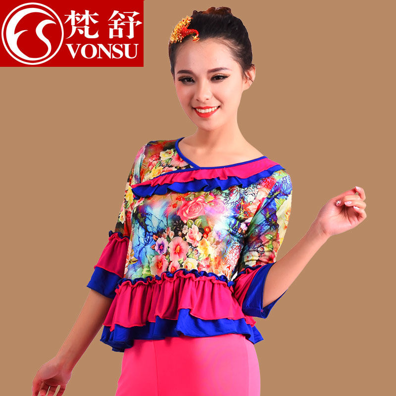 梵舒广场舞上衣夏秋款牛奶丝拼接精美印花上衣中国风对襟领喇叭袖