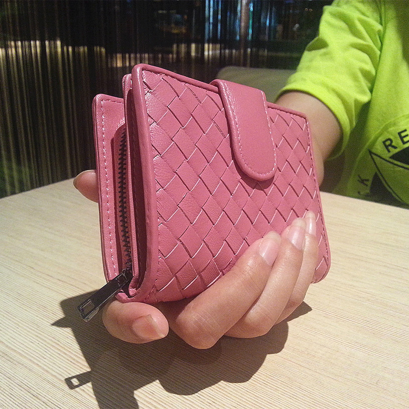 新款韩版羊皮编织钱包女士短款欧美真皮小女生钱夹皮夹手拿包包邮