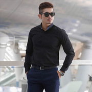 韩国 黑色小圆领立领特色商务纯色男装衬衫休闲修身长袖衬衣