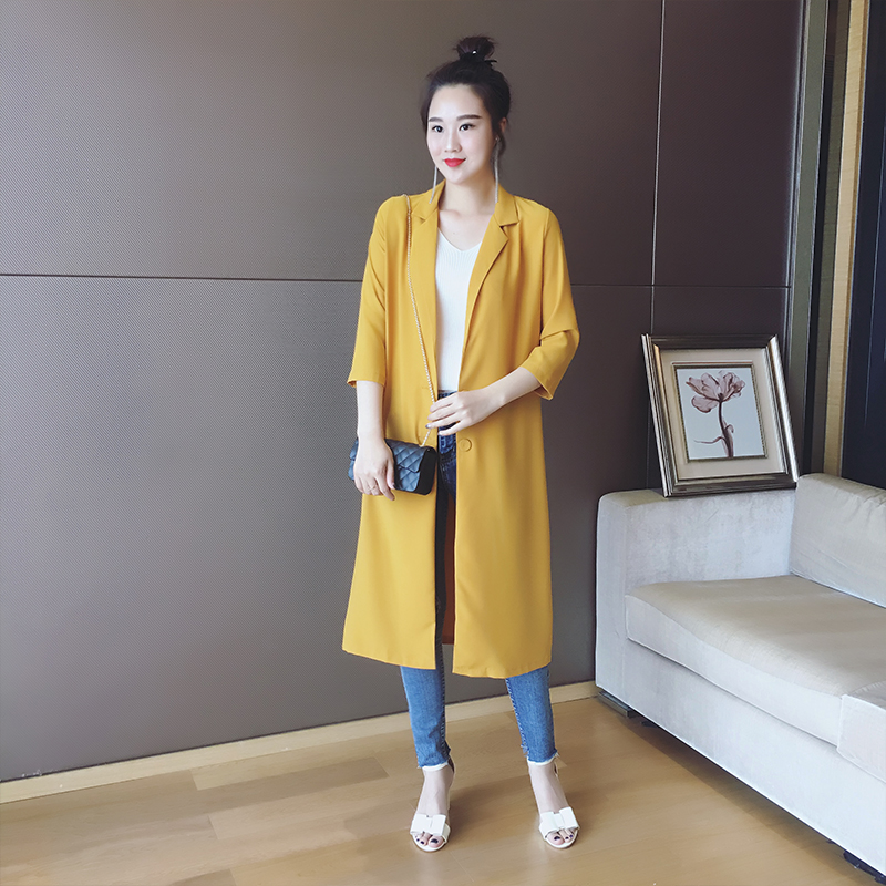 新款防晒衫女2017韩版时尚中长款纯色西装外套七分袖百搭雪纺开衫