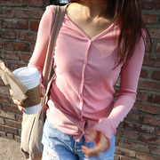 发韩国女装淡淡的浅粉色，超舒适修身亲肤长袖t恤te130