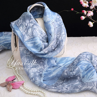 蓝色蝴蝶100%桑蚕丝，长款真丝丝巾披肩，女士春秋冬夏季丝绸围巾