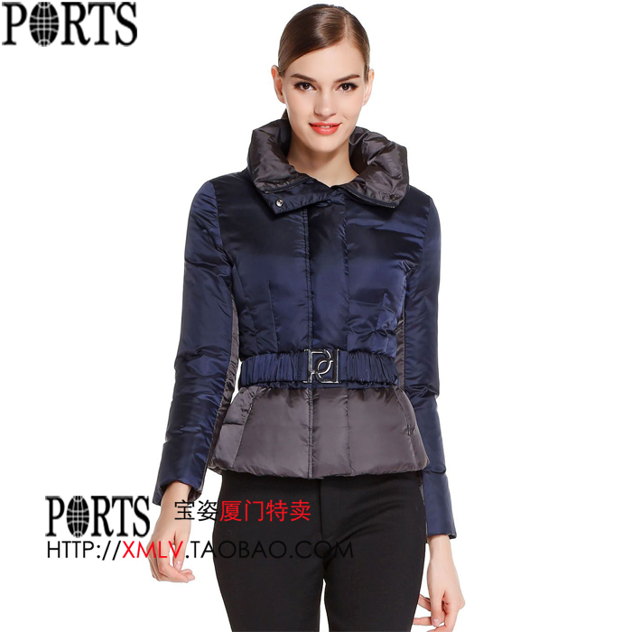 宝姿ports 专柜新款正品代购 深蓝/灰色短款修身长袖羽绒服sml
