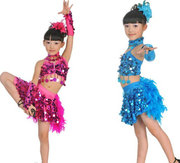 女童儿童羽毛拉丁舞裙舞蹈裙表演服蓬蓬比赛亮片恰恰伦巴演出服装