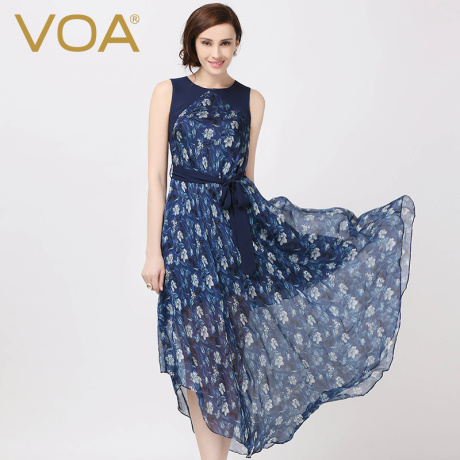 VOA 海军蓝真丝乔其拼接碎花蚕丝雪纺A字大摆系带波西米亚连衣裙商品大图
