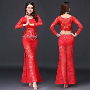 霓莎肚皮舞2021练习服装，修身蕾丝裙中国风瑜伽练功套装