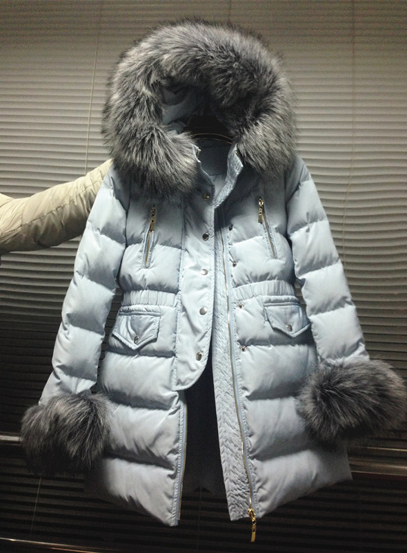 2014冬季女装韩版收腰连帽修身羽绒棉衣女中长款外套毛领加厚棉服