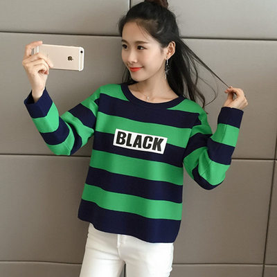 秋季毛衣套头秋款新款短款女装外套女士上衣针织衫韩版学生粗条纹