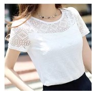 雪纺衫女2020夏季女装韩版短袖t恤女上衣修身百搭白色蕾丝打底衫