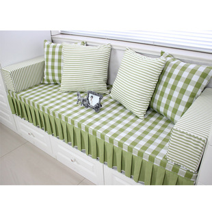 韩式田园飘窗垫窗台垫绿色格子海绵垫坐垫，木质沙发垫定制