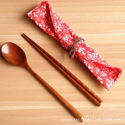 标题优化:纯天然环保旅行 厨房创意木筷子勺子套装便携餐具 日式和风袋包邮