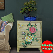 现代中式家具彩绘香樟木卧室迷你床头柜古典三斗边角柜实木储物柜