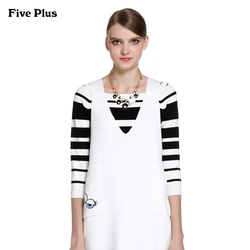 FivePlus2016新女春装百搭条纹一字领露肩套头针织衫2HM1036600