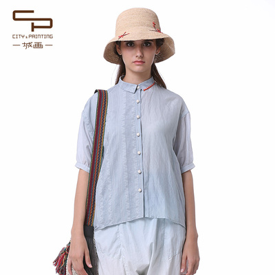 一城画一夏季文艺范五分袖衬衫女拼接小翻领宽松衬衣