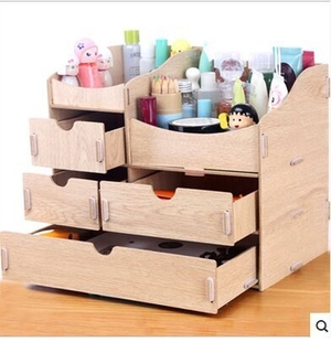 DIY木质化妆品收纳盒韩国版创意双抽屉桌面置物架10A