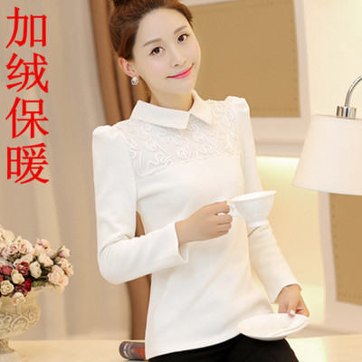 长袖2015秋装新款女装女士蕾丝衫加绒加厚上衣娃娃领修身打底衫冬
