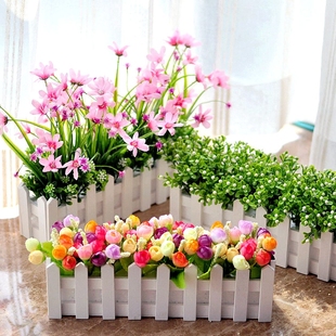 玫瑰雏菊假花盆栽仿真花套装木，栅栏装饰花艺，客厅餐桌摆设盆花绢花