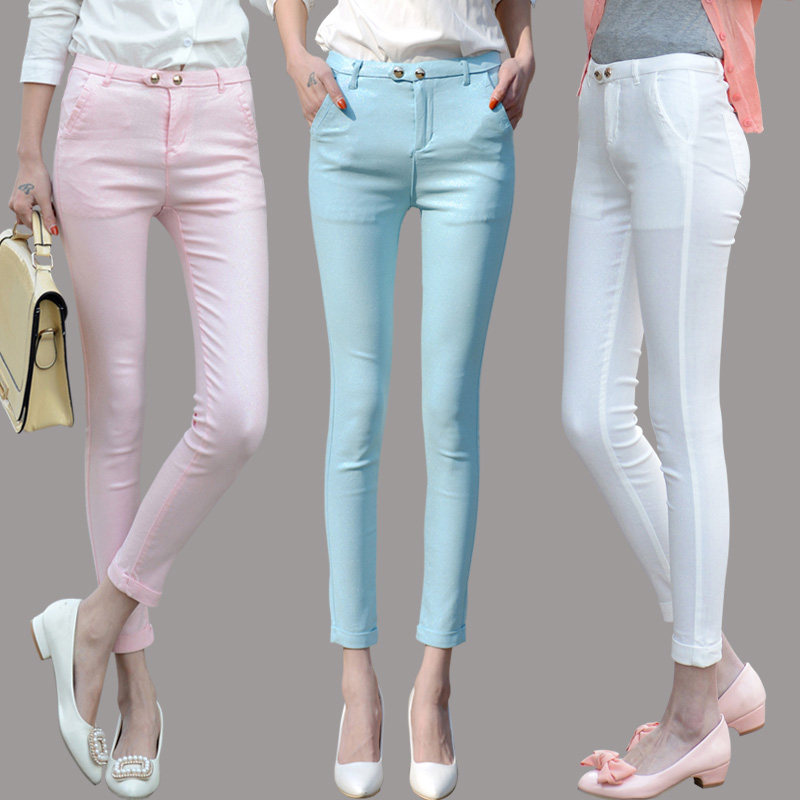 春秋光亮面彩色外穿打底裤女夏薄排扣弹力显瘦