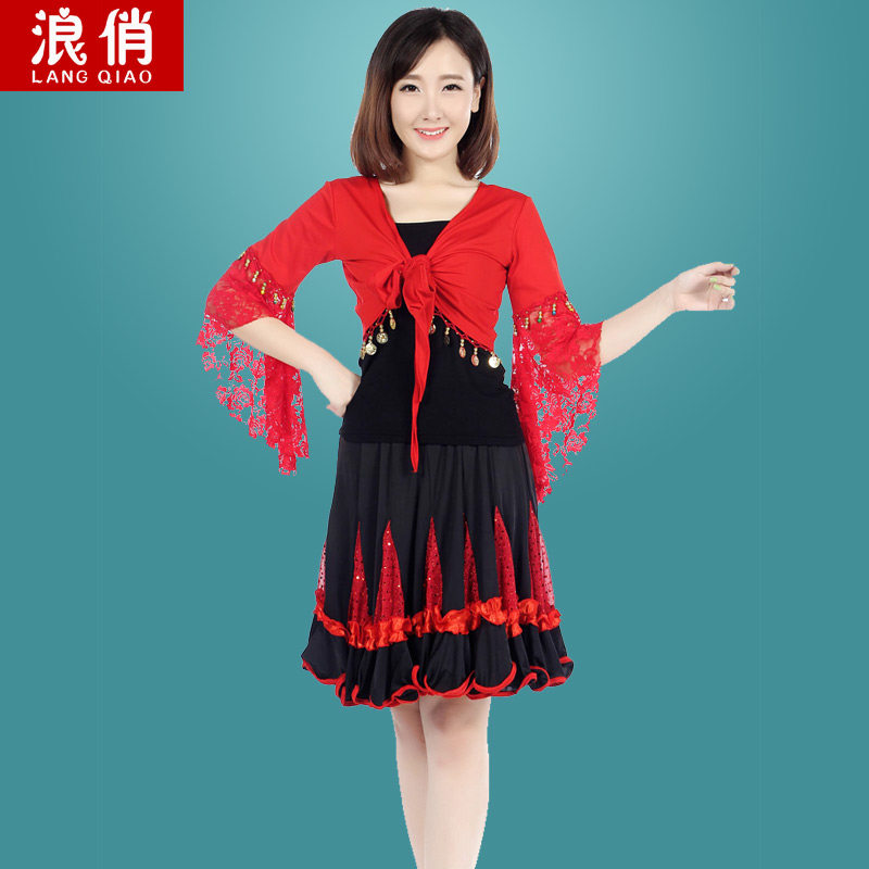 浪俏广场舞套装披肩服装2015夏季女士上衣拉丁舞蹈上衣蕾丝喇叭袖