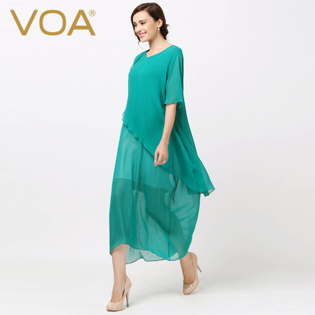 VOA青碧真丝乔其V领连肩五分袖斜摆不规则假两件轻薄连衣美裙商品大图