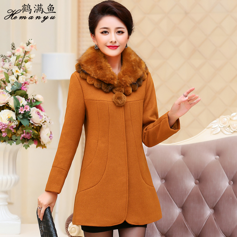 鹤满鱼新款中老年毛呢外套女中长款 妈妈装秋冬装长袖大衣带毛领